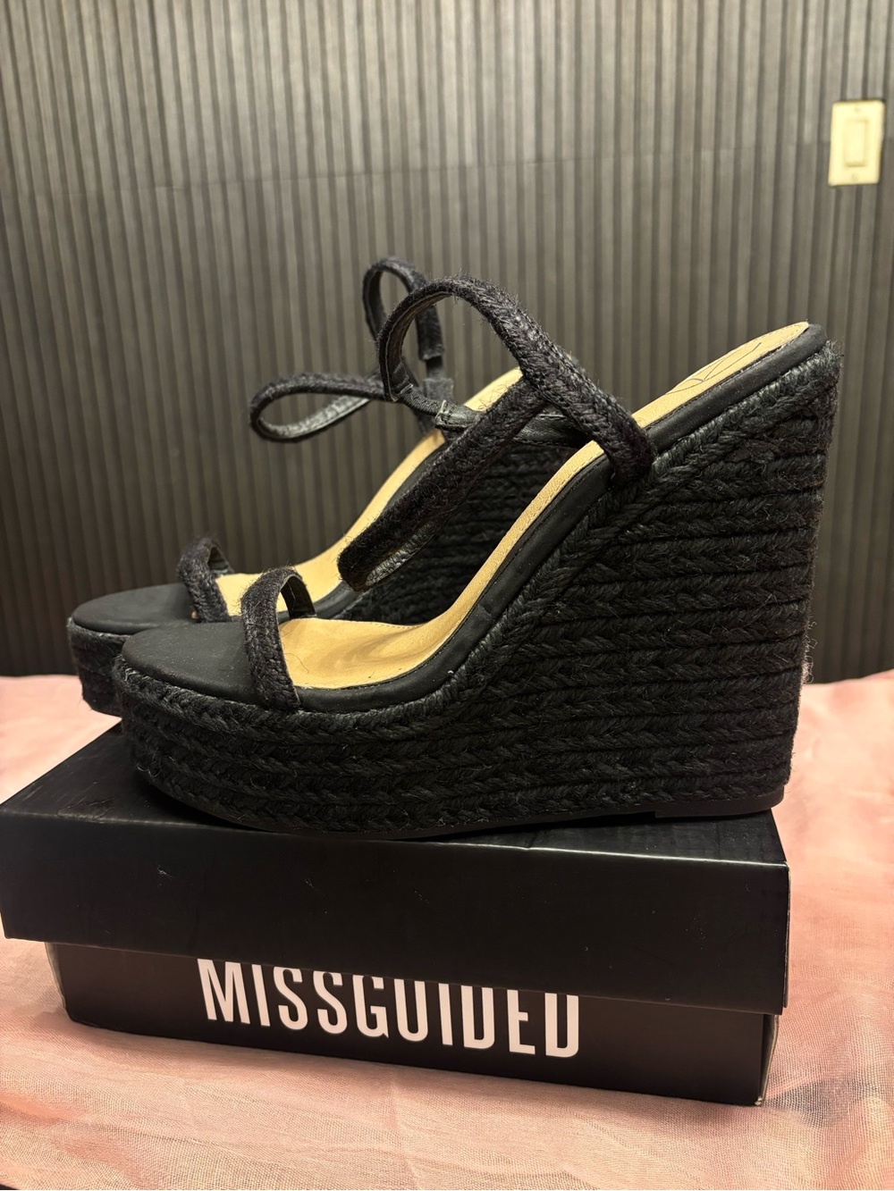 Missguided Black Braided Espadrille Wedge Sandals